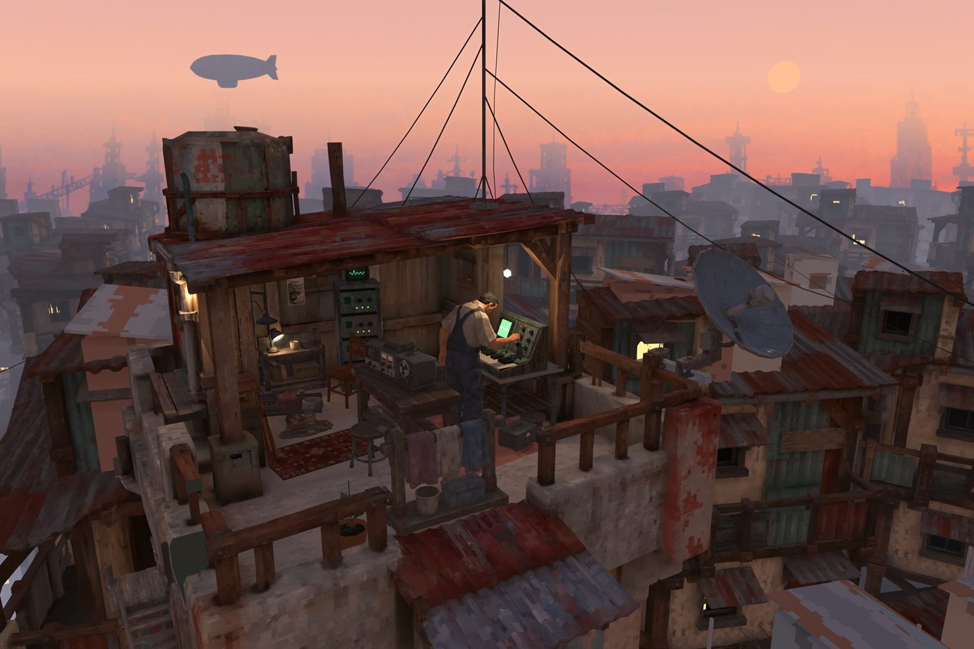 A rusty rooftop shack in a sky city at dusk; a radio man plays a synth under a hanging bulb